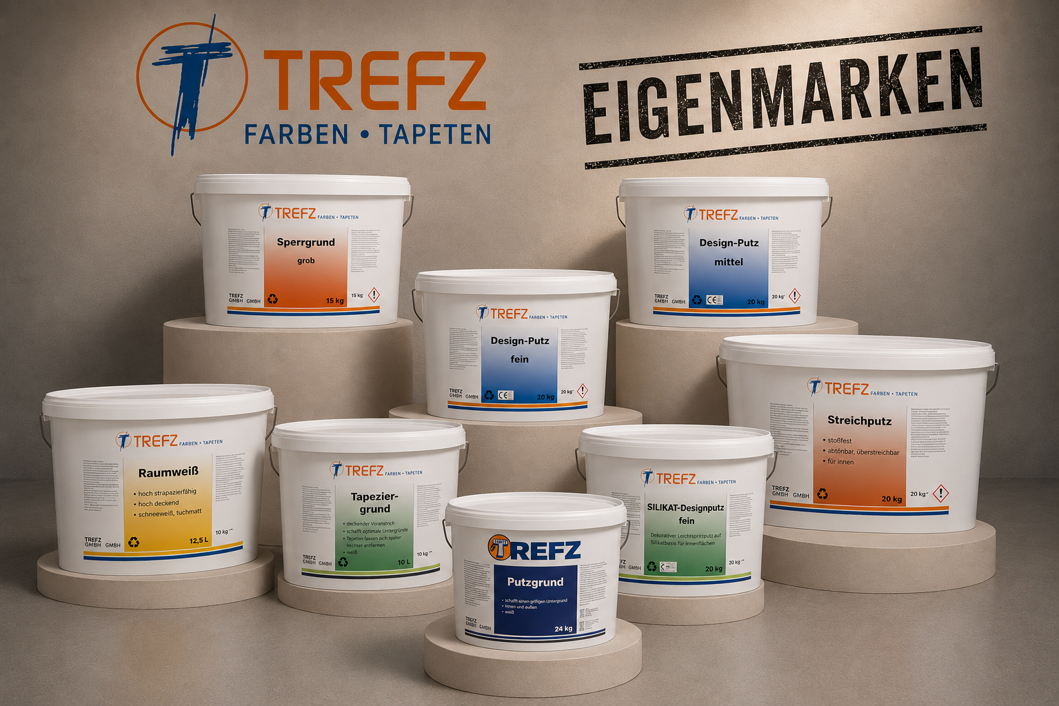Auswahl der Trefz Eigenmarken mit Grundierungen, Putzen und Innenfarben